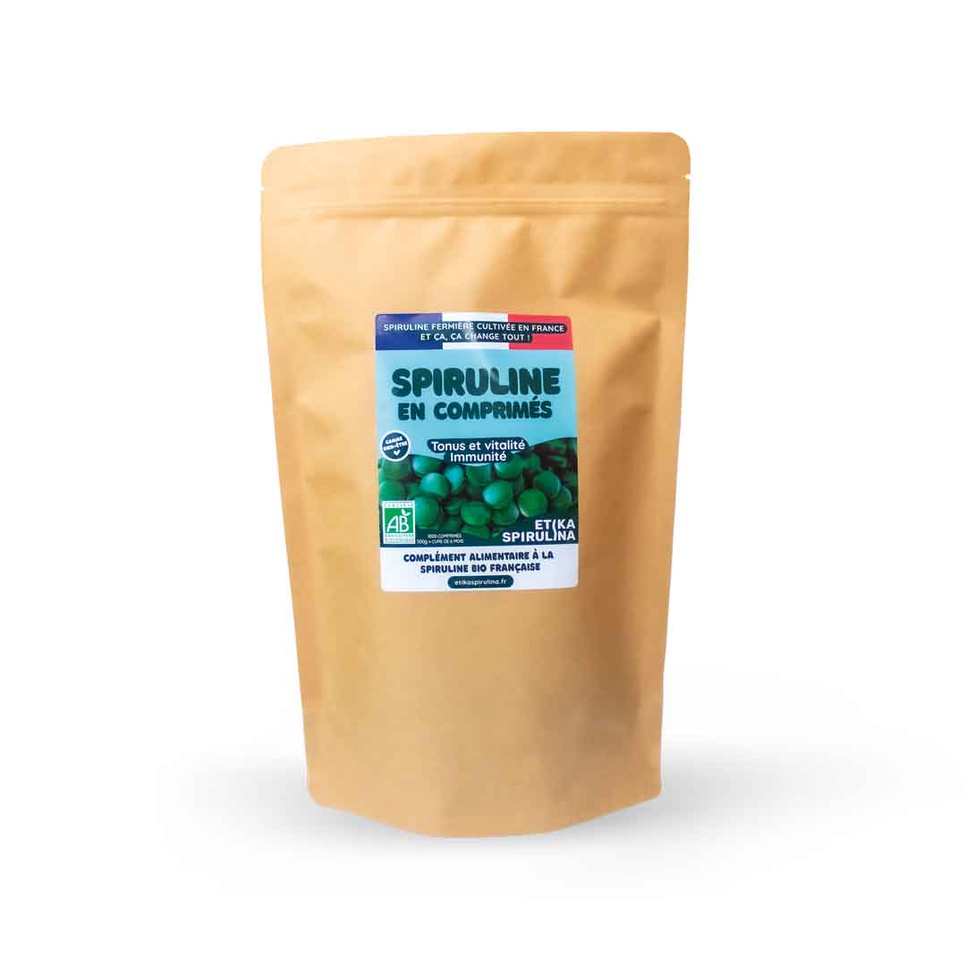 Sachet de 500g de comprimés de spiruline bio française Etika Spirulina, complément alimentaire naturel